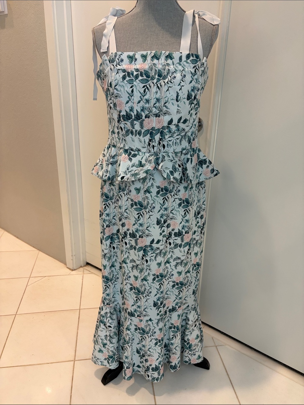 Antonio Melani Floral Tie-Shoulder Maxi Dress in Light Turquoise Blue and Pink